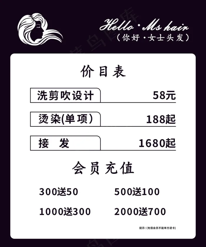 单页 价目表 美容美发 会员充值cdr矢量模版下载