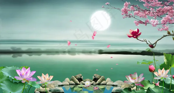 新中式中国风山水花鸟月夜荷花梅花背景图客厅卧室装饰画玄关画