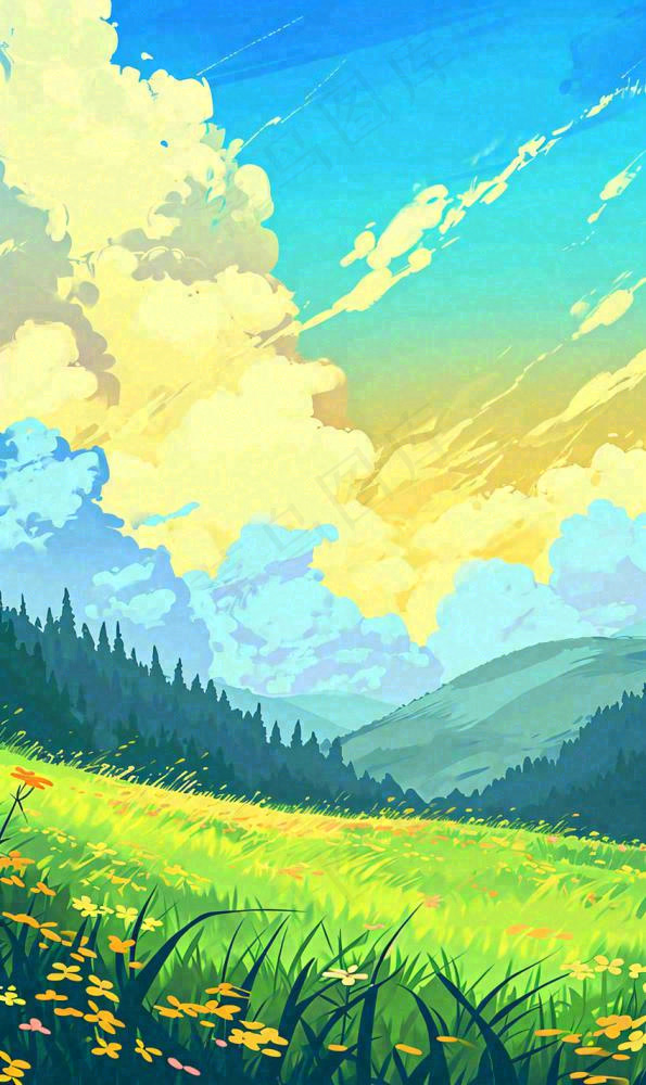 蓝天白云草地山脉插画手绘(848x1424)