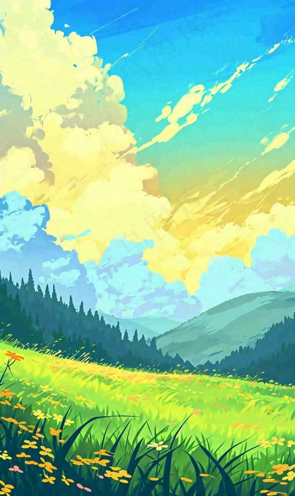 蓝天白云草地山脉插画手绘(848x1424)
