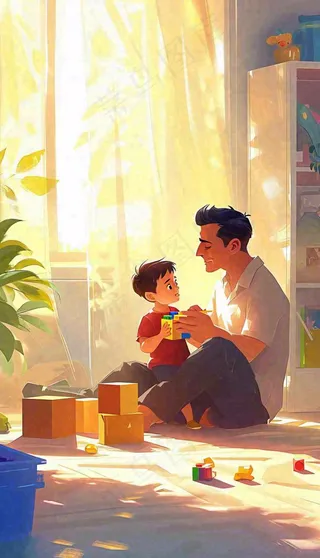 父亲节温馨父爱陪伴孩子玩耍手绘插画