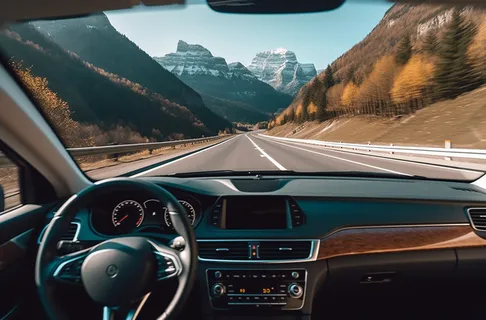 一辆汽车在高速公路上行驶背景是山脉的照片高速公路上的汽车激动人心的公路旅行路上的汽车