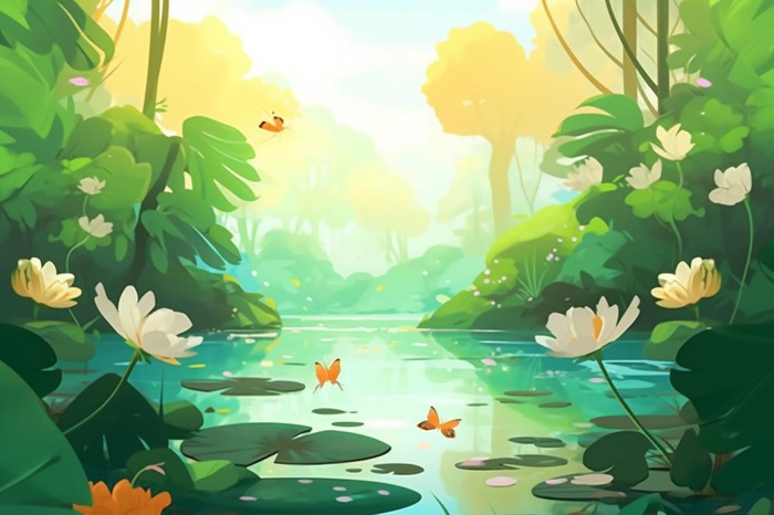 黄绿色荷花池温馨插画背景(1344x896)