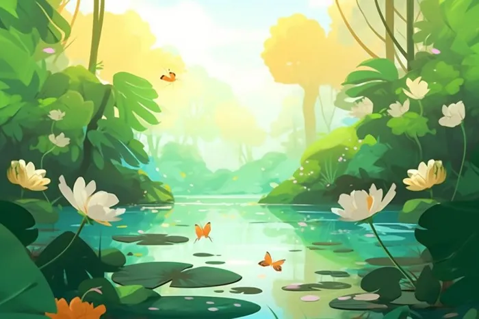 黄绿色荷花池温馨插画背景(1344x896)