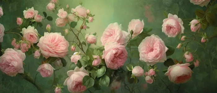 绿色背景下美丽的粉红玫瑰阳光照耀着它错综复杂的花卉布置壮观的背景(6720x2880)