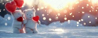 冬天雪地落日下爱情小熊，浪漫雪花情人节520爱情气球摄影图