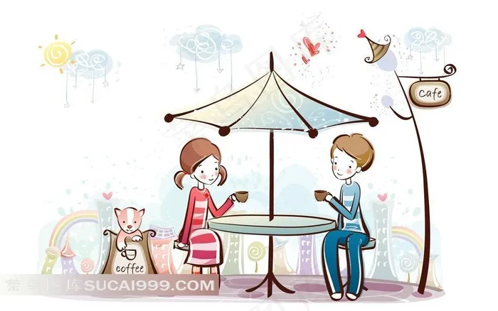 手绘咖啡店的温馨情侣