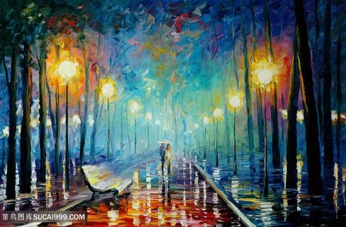 唯美水彩树林道路艺术油画