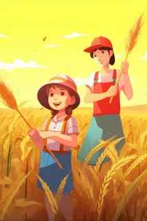 秋季丰收拿着麦穗的人金色插画背景 秋季丰收拿着麦穗的人金色插画背景