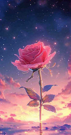 海平面上渐变落日前的一支粉色玫瑰花鲜花花朵，鲜艳爱情