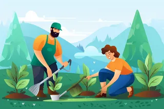 少年们正在植树绿色卡通插画