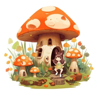 卡通插画蘑菇屋兔子免抠