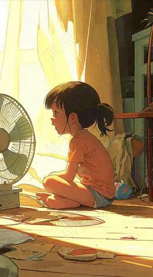 儿童在家吹风扇，夏天炎热清爽手绘插画，夏至小暑暑期