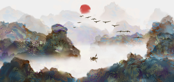 山水风艺术绘画景观PSD素材