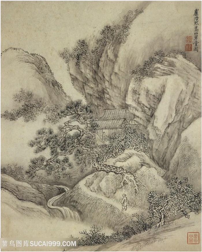 画家巨然仿古画册崇山草堂图国画图片