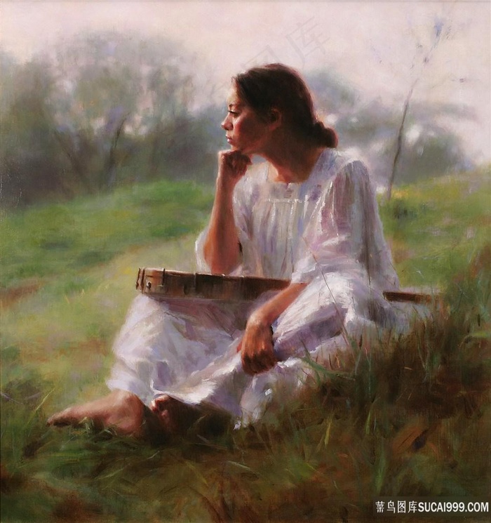 坐在草地上白衣女人油画风景画