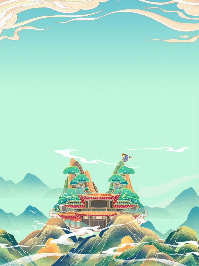 中国风国潮风山水祥云插画图案首页装修海报背景PSD设计模板素材