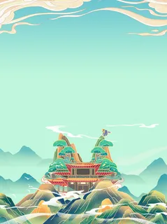 中国风国潮风山水祥云插画图案首页装修海报背景PSD设计模板素材