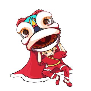 新年春节虎年元宵手绘人物舞狮卡通狮子头插画元素PSD设计素材
