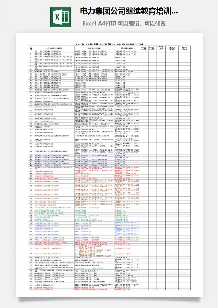 电力集团公司继续教育培训计划excel模板