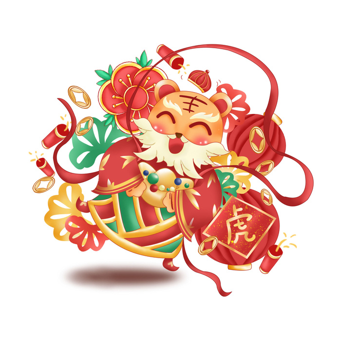 手绘2022虎年新年春节卡通老虎形象IP插画元素PSD设计素材图案