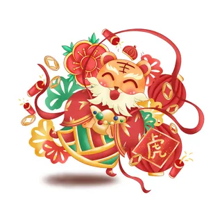 手绘2022虎年新年春节卡通老虎形象IP插画元素PSD设计素材图案