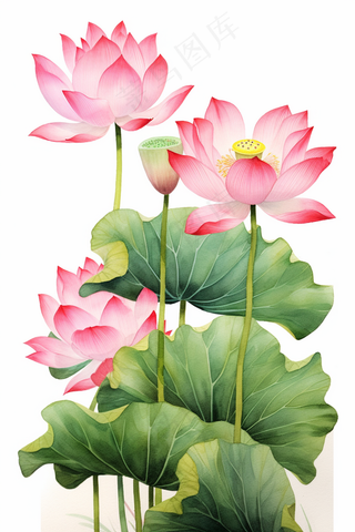 荷花莲花荷叶盛开卡通插画