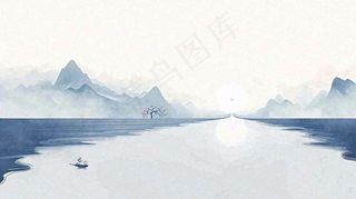 山水画简约白色河面插画手绘，中国风古风