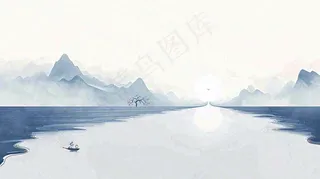 山水画简约白色河面插画手绘，中国风古风