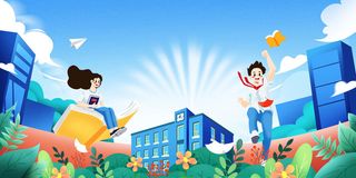 开学季卡通插画宣传展板设计背景