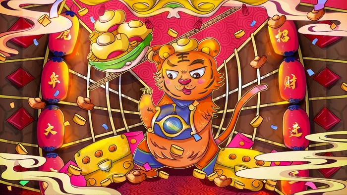 虎年中国风萌虎插画psd模版下载