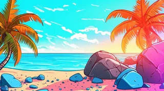 带有棕榈树和石头的热带海滩的 Instagram 图标图像，充满活力的漫画风格，天蓝色，彩色动画剧照，大型画布绘画，3840x2160，极简主义背景，生动的海景插画背景