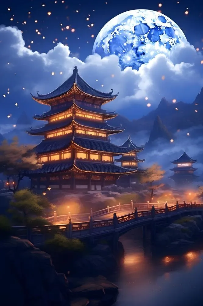 国风蓝色夜晚建筑典雅背景(2400x3600)