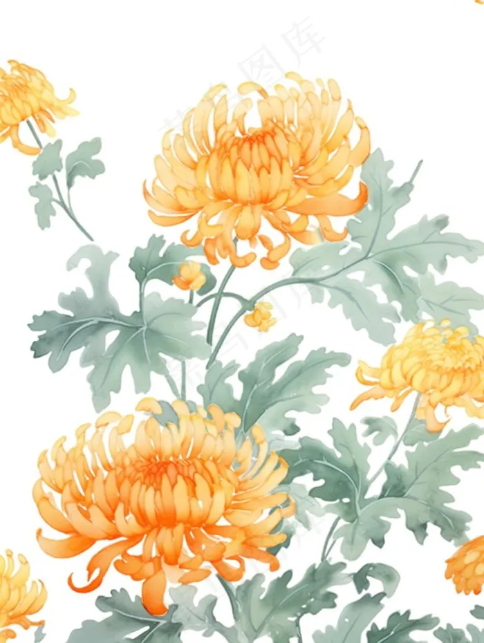 黄色菊花水墨画茶壶重阳节元素免抠(928x1232)