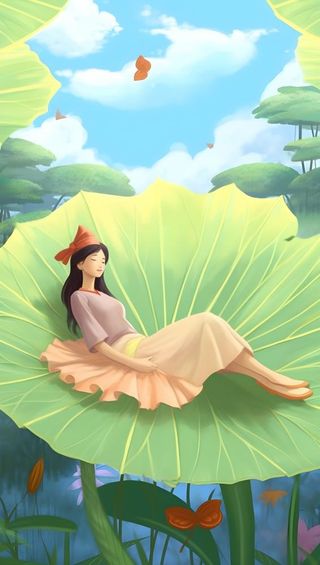 夏日乘凉的女孩躺着叶子上荷叶绿色海报背景
