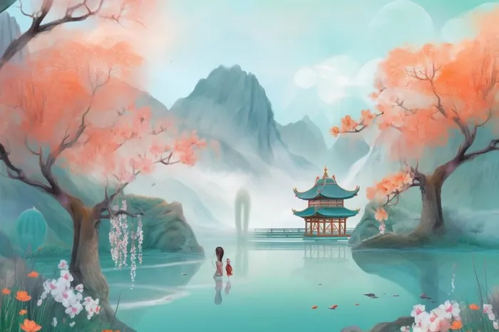 浪漫古风山水风景插画背景(1344x896)