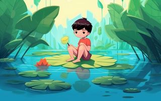 湖泊坐着睡莲上的人碧蓝插画背景