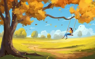 秋天落叶荡秋千的女孩公园插画背景