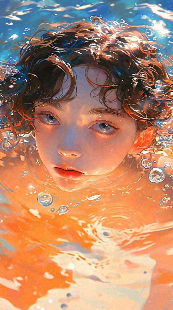 阳光泳池游泳人物男女，金鱼水面海上，反光色彩摄影图(816x1456)
