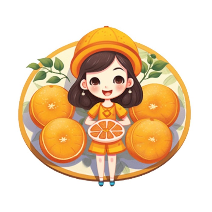 在橙子盘子里的女孩插画免抠(1024x1024)