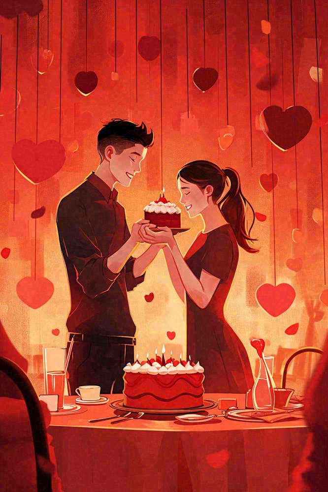 情人节爱心浪漫情侣晚餐生日蛋糕插画手绘