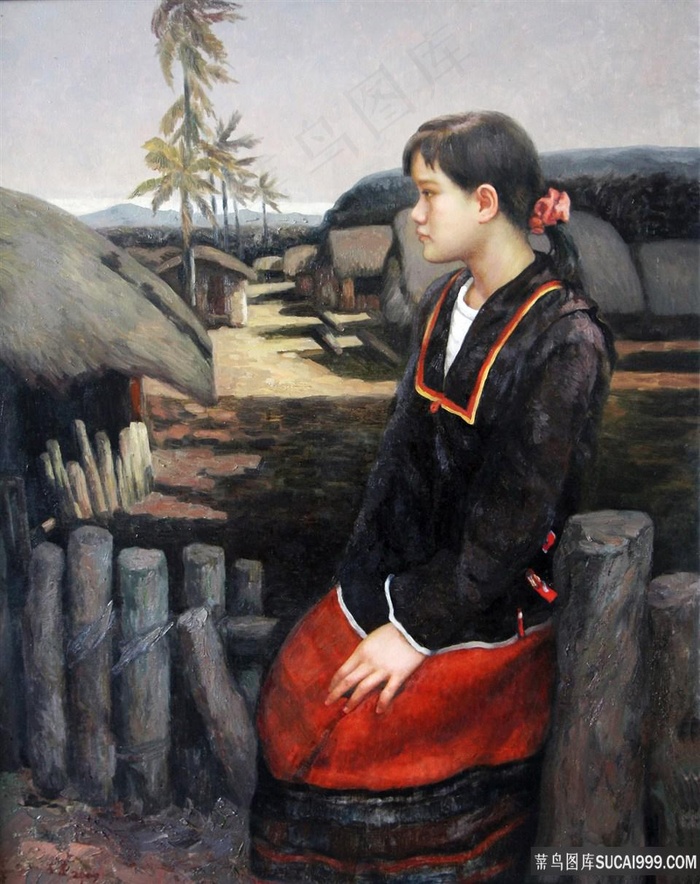 唯美乡村妇女油画风景画