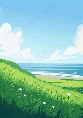 海边蓝天白云草地小花，春天清新海景
