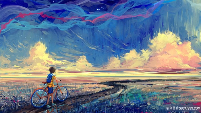 天空小男孩绘画