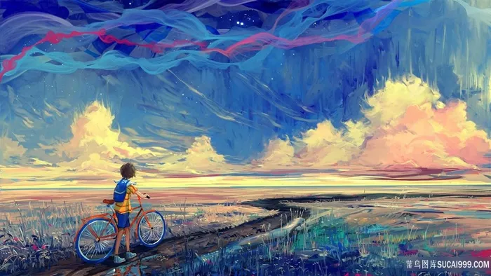 天空小男孩绘画