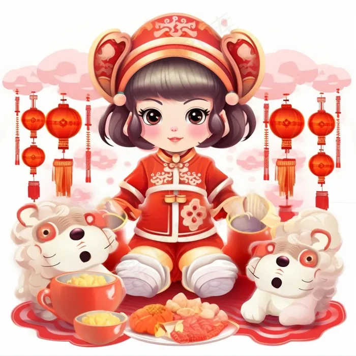 儿童婴儿喜庆过年红红火火气氛插画素材(1024x1024)