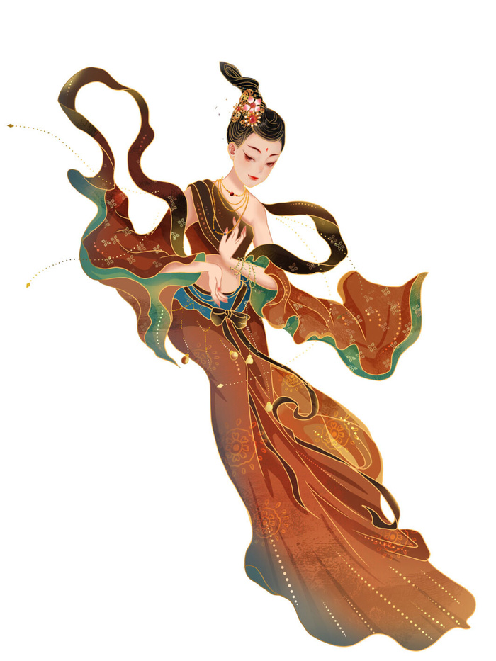 手绘国潮中国风古代敦煌神话飞天仙女美女古装人物插画PSD素材