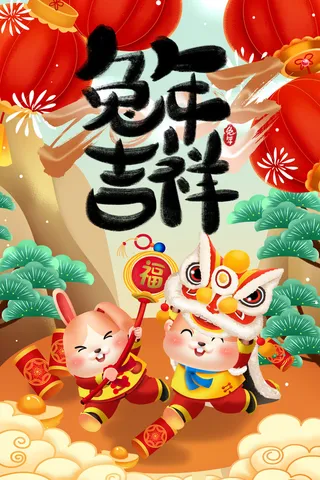 国潮风喜庆兔年新年海报