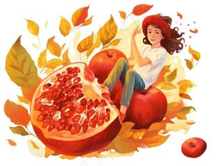 石榴水果少女卡通插画免抠