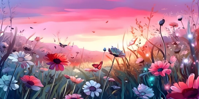 春天夕阳花丛草丛森林手绘插画海报素材背景(6144x3072)
